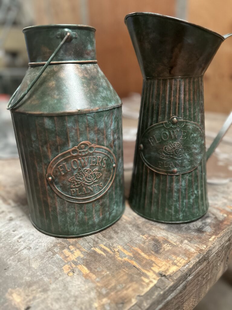 Seafoam Patina decorative metal milk jug